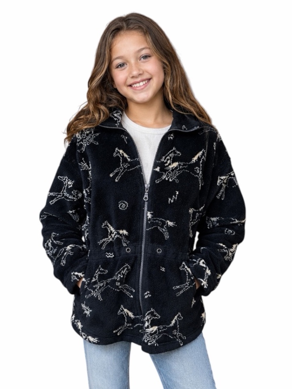 Girls Tsunami XL Black & White Fleece Horses Western Zip Up Jacket